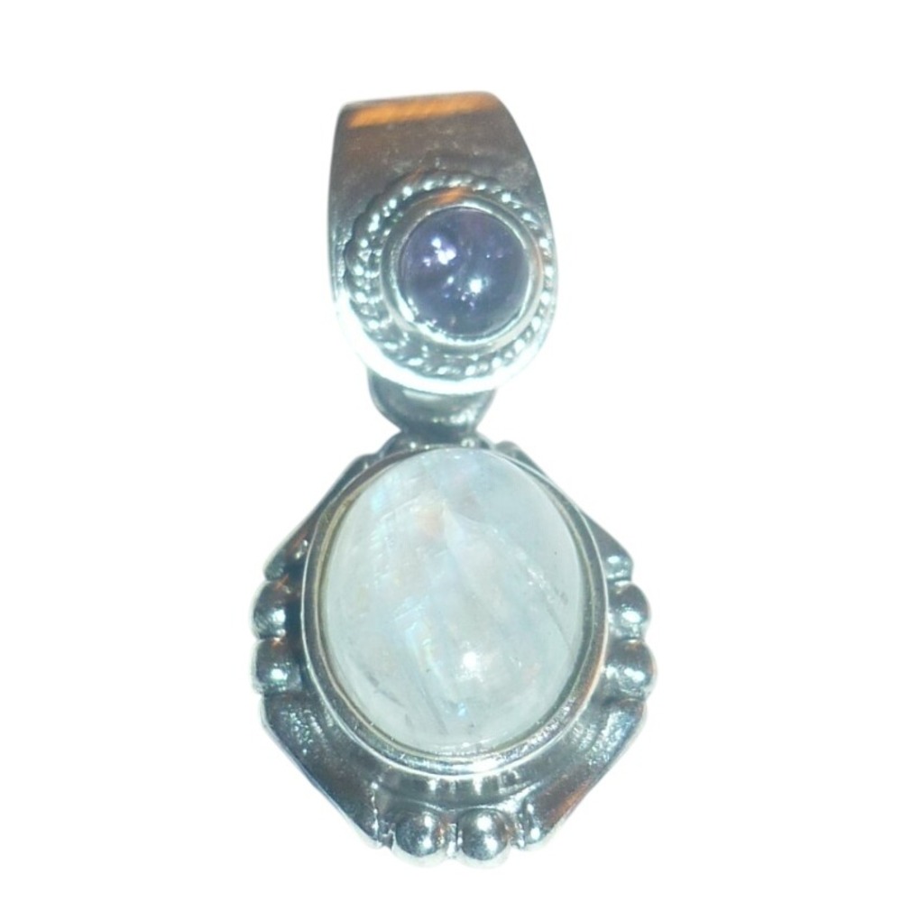 Sterling Silver Moonstone and Amethyst Cabochon Pendant Boho Charm 1 Inch